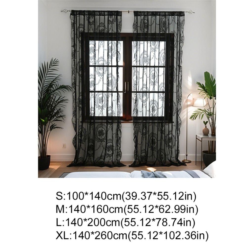 2 Pcs Ruffled Edge Gauze Curtain Retro Lace Sheer Curtain Romantic French Lace Floral Curtain  Door