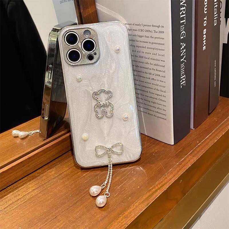 

Glue Glitter Pearl Bear Phone Case for Apple 16 Promax Pearl Pendant for IPhone 17 Women’s Fashion For iPhone 17Promax
