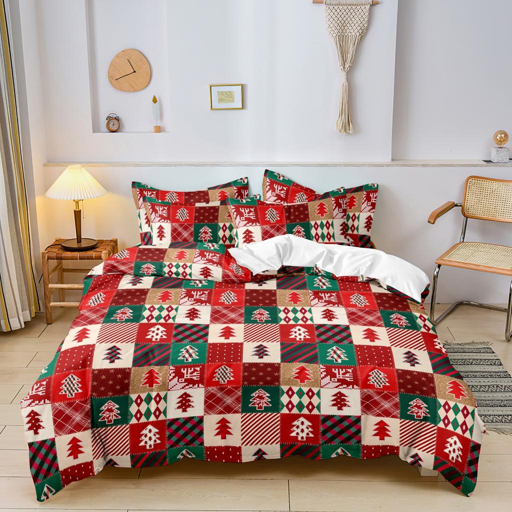 [Christmas Gift] 3pcs Red Grid Christmas Tree/Deer/Snowflake Pattern Printing Duvet Cover Set 1 Duvet Cover & 2 Pillowcases