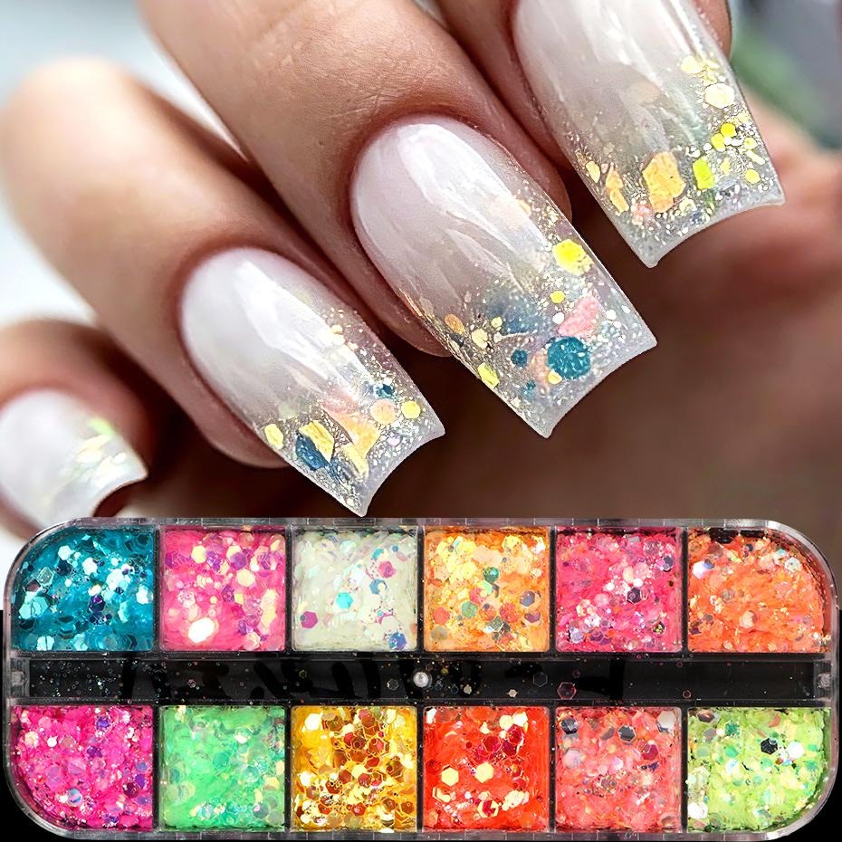Xiaomi 12 Grids Iridescent Holographic Nail Glitter Sequins Hexagonal Flakes Aurora Mermaid Chunky Sparkly Glitter Manicure Decorations