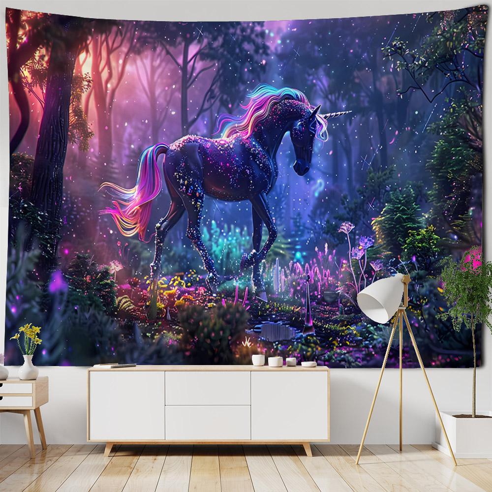 Unicorn Printed Wall Tapestry Dreamy Forest Landscape Living Room Bedroom Wall Hanging Home Background Decoration