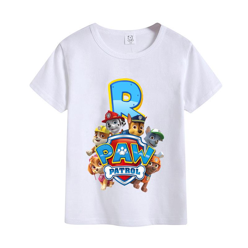 Paw Patrols Letter AZ TShirt White Cartoon Chase Skye Short Sleeve Tops Cute Rubble Zuma Summer Casual Clothes Birthday Gifts