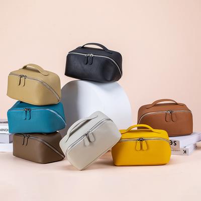 Kožená přenosná kosmetická taška, Velkokapacitní jednoduchý styl, Ruční toaletní taška, Cestovní úložná taška z pravé kůže