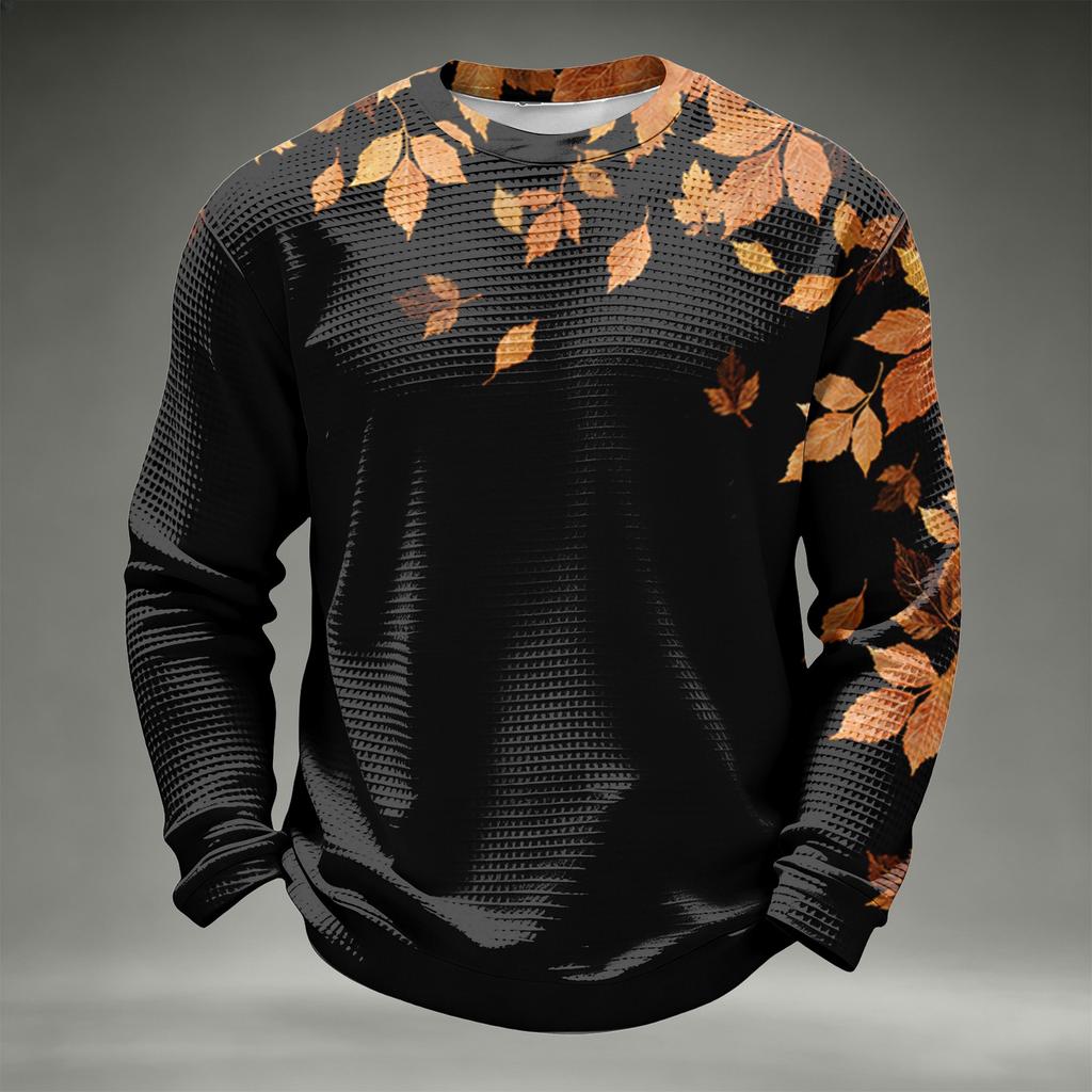 Men's Casual Knit Long Sleeve Neck T-Shirt with Fall Leaf Print