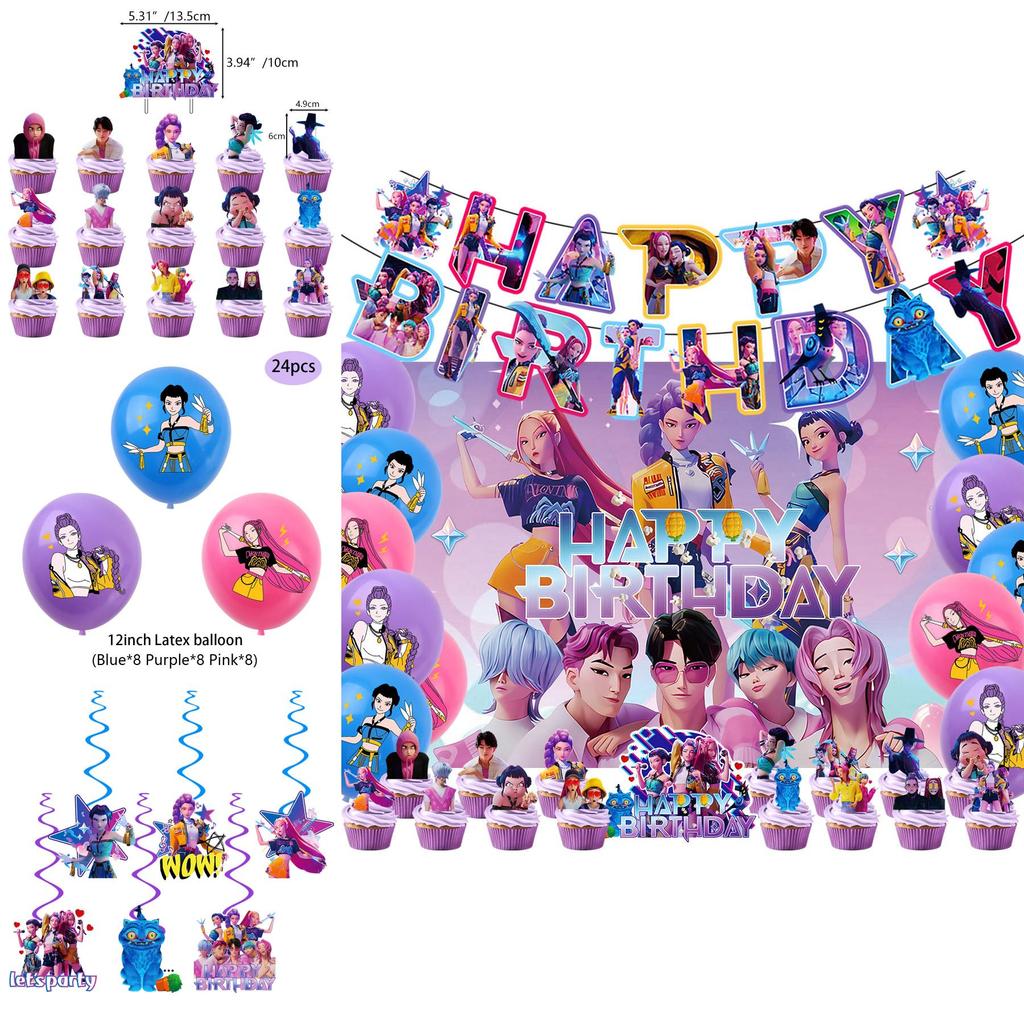 Kpop Demon Hunters Birthday Party Banner Decoration Set With Balloons And Background For Anime Fans