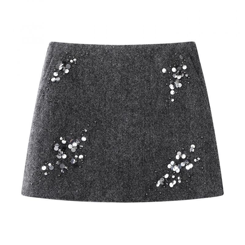 In Stock: Winter 2025 Women s 3D Beaded Sequined Wool A-line Skirt Extra Large серый