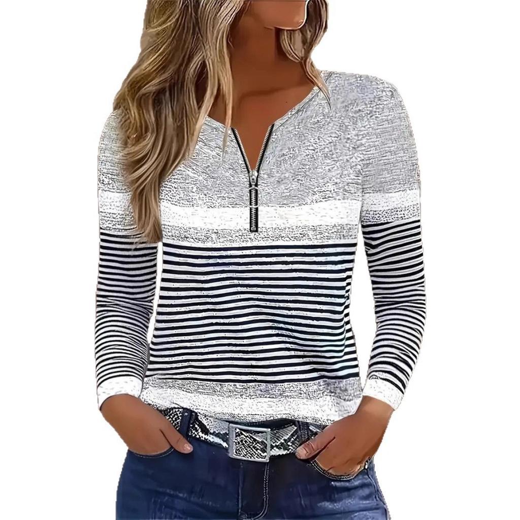 New Women's Half-Zip Polo Neck Striped Print T-Shirt Casual Versatile Regular Shoulder Top for Europe USA Crossborder