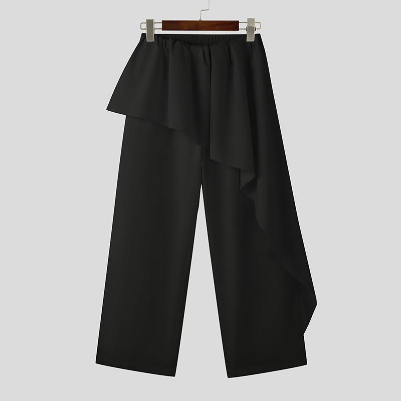 

INCERUN Men Elastic Waist Layers Solid Color Casual Long Straight Pants чёрный