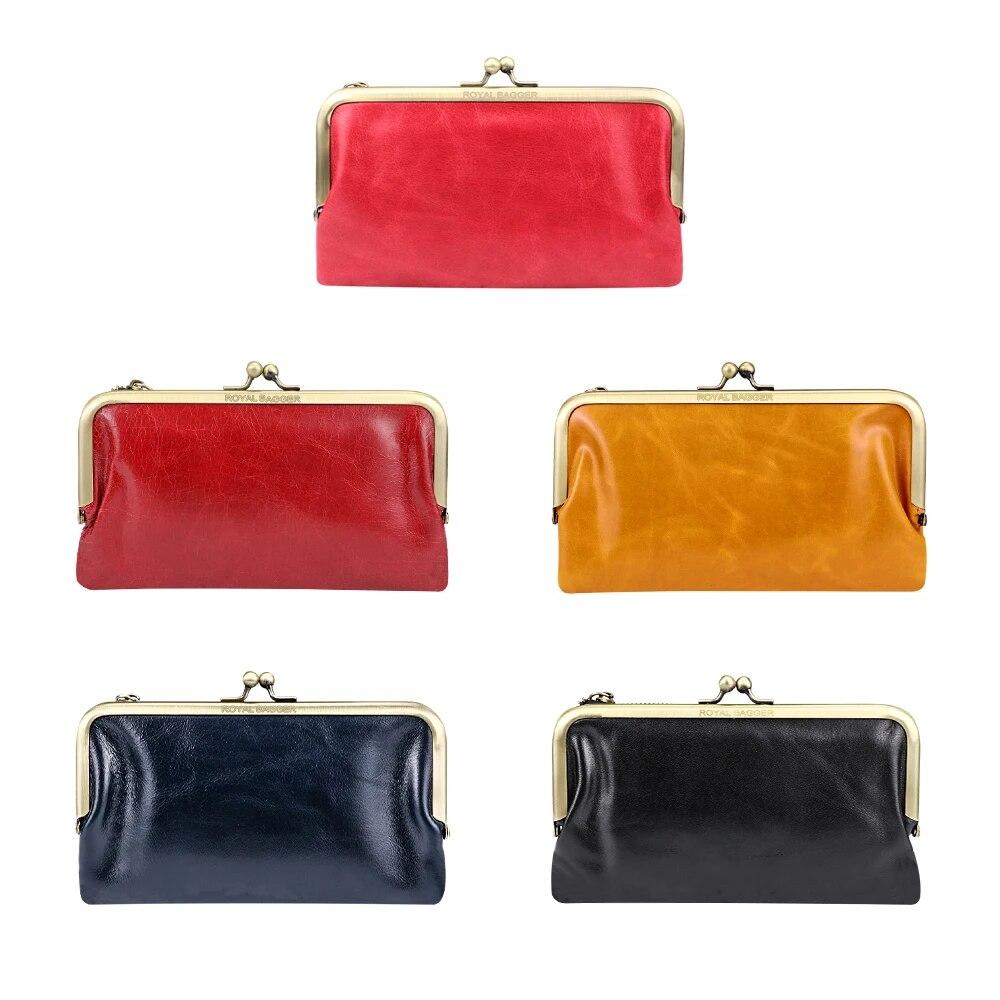 Royal Bagger Retro Long Wallet for Women Genuine Cow Leather Clutch Coin Purse Large Capacity Card Holder with Kiss Lock 1497