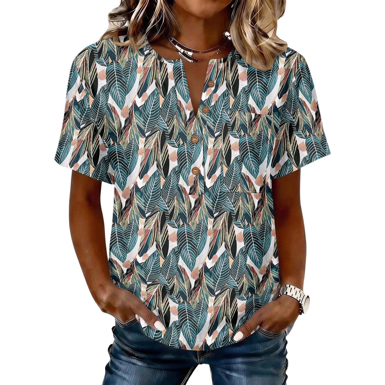 Women s Short Sleeve Shirt with Printed Pattern in Cotton Linen S