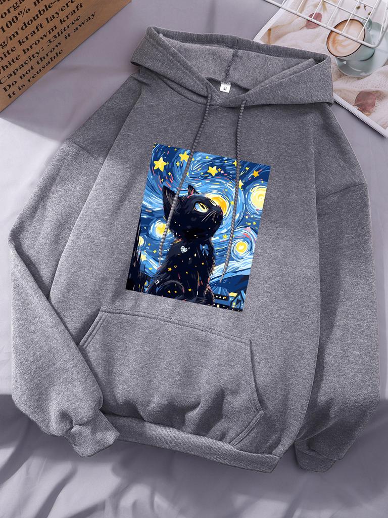 Van Gogh'S Starry Cat Printing Hoodies Women Basics Sporty Hoody Fleece Warm Soft Sweatshirt Casual Pocket Womans Sportswear