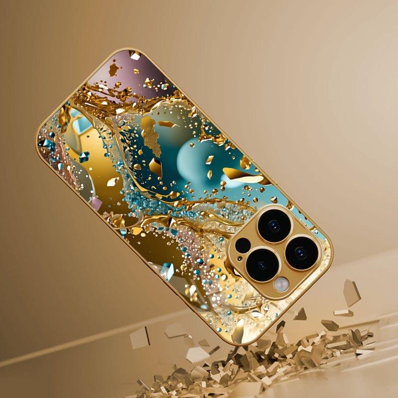 Gold Splattered Crystal Pattern Metallic Glass Phone Case For iPhone 11 12 13 14 15 16 17 Pro Max 14 Plus 17 Air 16E Cover