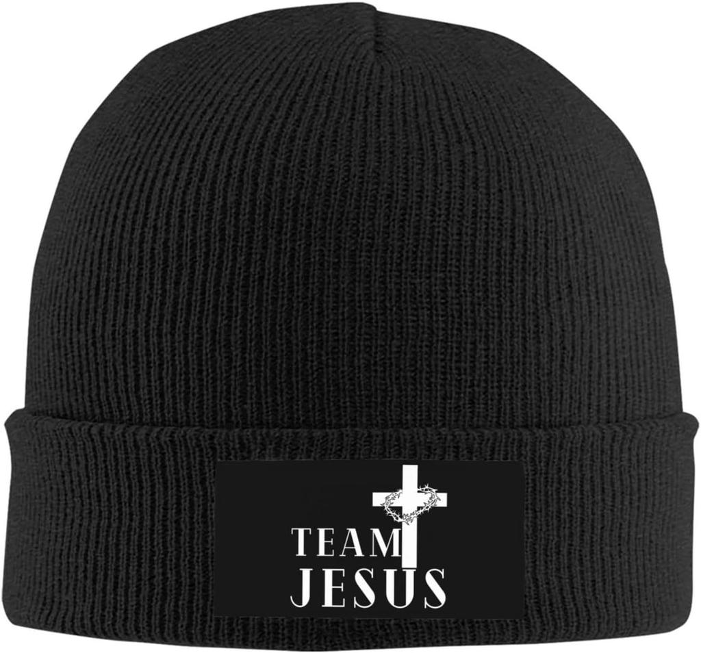 Black Knitted Beanie with Faith Over Fear  Cross Patch Religious Inspirational Winter Warm Skull Cap for Unisex Women