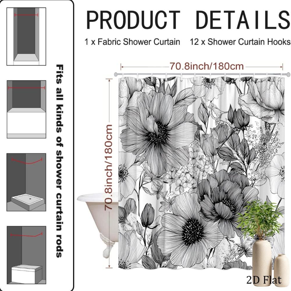 Waterproof Shower Curtain Black and White Botanical Line Art Floral Poppies Peonies Bathroom Decor 180x180cm Sketch Print