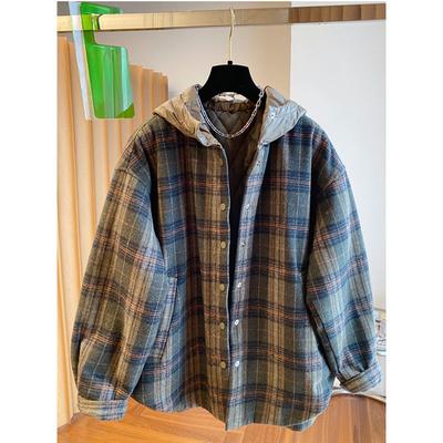 Loose Hooded Thickened Plaid Woolen Shirt Cotton Coat Women's Autumn Winter Fashion Loose Hooded Cotton-padded Jacket