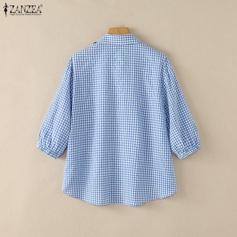 ZANZEA Women Casual Turn Down Collar Plaid Print Loose 3/4 Sleeve Blouse