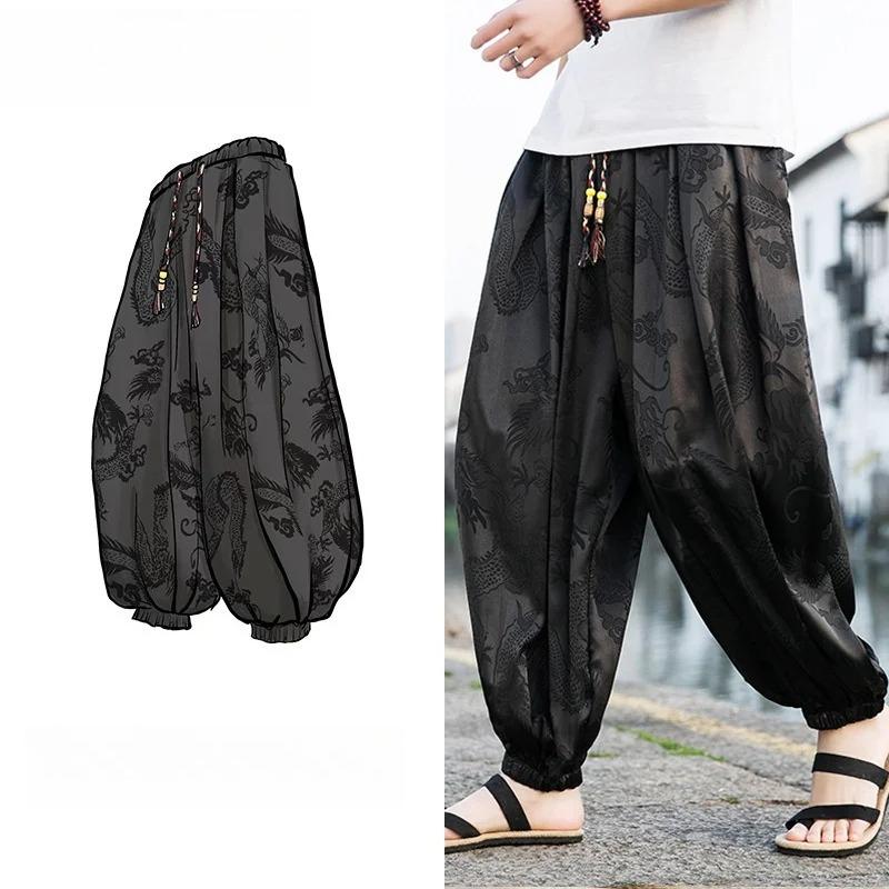 Outdoor Brand Pants for Men Lce Silk Dragon Dark Flower Loose Bloomers High Quality Wide Leg Casual Trousers Male