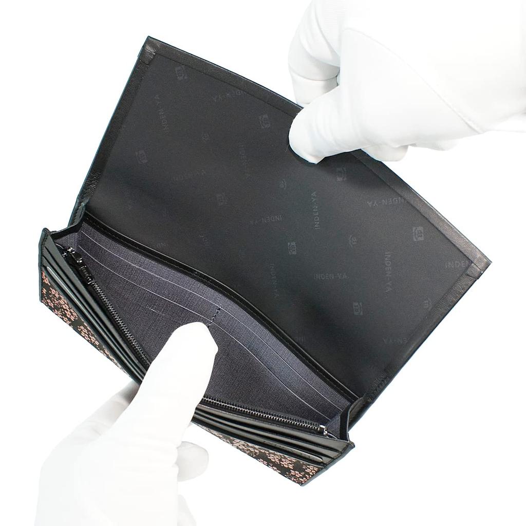 Inden Long Black with Pink [Inden-ya] Wallet, Thin, Deerskin, Lacquer, Forget-Me-Not Pattern, 2311-51-181