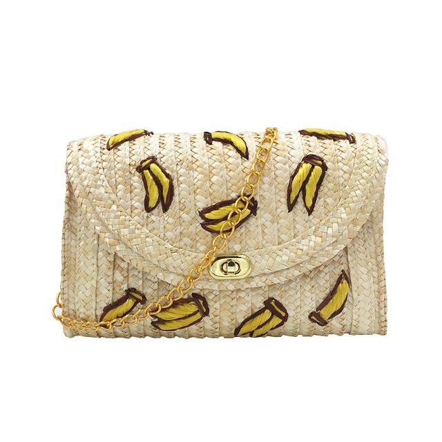 

Wheat Straw Woven Women Shoulder Bag Bohemian Summer Beach Bags Cherry Banana Female Messenger Clutch Chain Flap Crossbody Bag