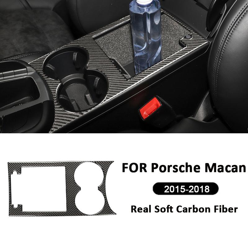 For Porsche Macan 2015-2018 Carbon Fiber Car Center Water Cup Holder Storage Box Panel Trim Frame Interior Decoration Sticker