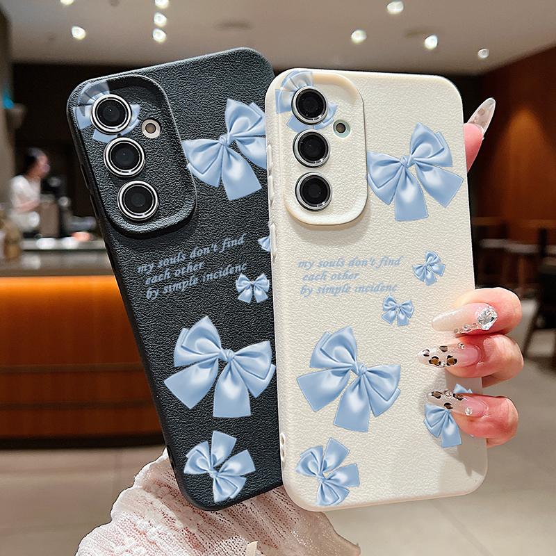Blue Bowknot Pattern Leather Texture Plain Color Shell for Samsung S25 Ultra S24 Fe S23 S22 A56 A16 A15 A55 Soft Silicone Shockproof Matte Case