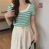 French Style Black & White Striped U-Neck Short-Sleeve Women's Summer T-Shirt