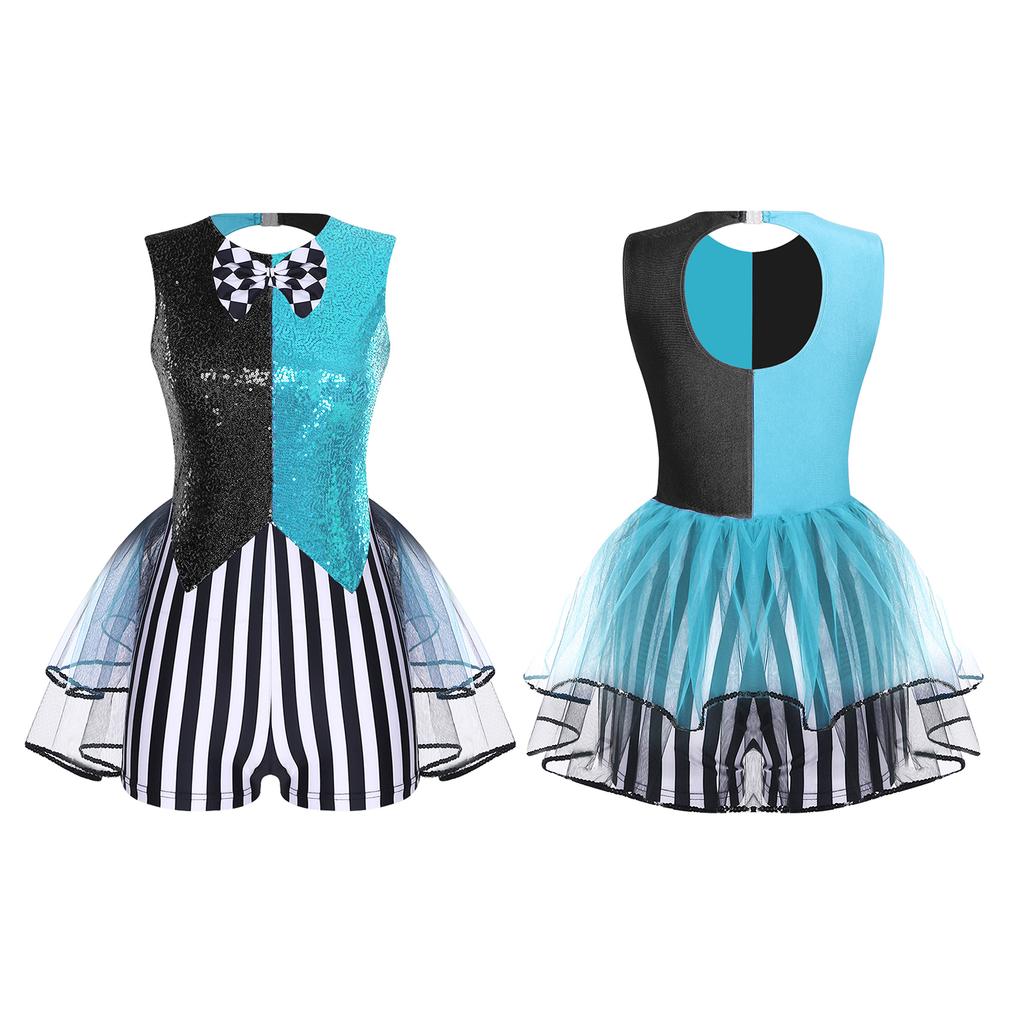 S-3XL Women’s Halloween Jumpsuit: Color Blocking Sequin & Striped Patchwork Checker Bowtie Tiered Tulle Hem Cutout Rompers Mad Costume