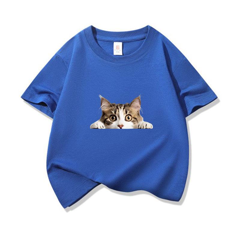 Kids Cotton T Shirt Peeking Domestic Shorthair Cat Graphic Crew Neck Short Sleeve Tee Casual Breathable Boys Girls Summer Tops