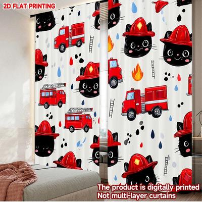 Set Of 2 Firefighter Cat Curtains Digital Printing Cute Black Kitten Red Helmet Fire Truck Pattern Kids Room Bedroom Decor Curtain Polyester Perfect