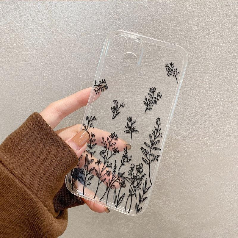 Simple lines flower apple 15promax mobile phone case new iphone14 premium 13 transparent all-inclusive soft case