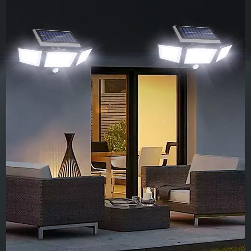 208LED Solar Outdoor Lights Security Lights with Remote Control 3 Heads Motion Sensor IP65 3 Modes Waterproof Flood Wall Lights
