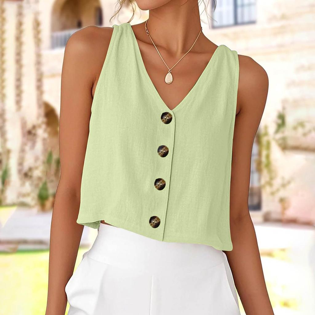 Women's Fashionable Oversized V-Neck Button-Up Tank Top Shirt Casual Blouse