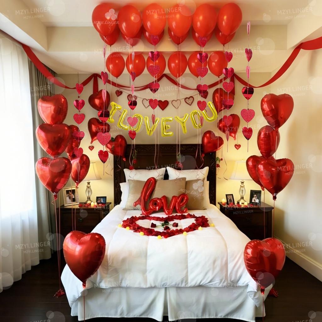 Golden ILOVEYOU Letter Balloon Set Love Pendant Decoration Red Heart Balloon for Valentine's Day Proposal Wedding Birthday Decor