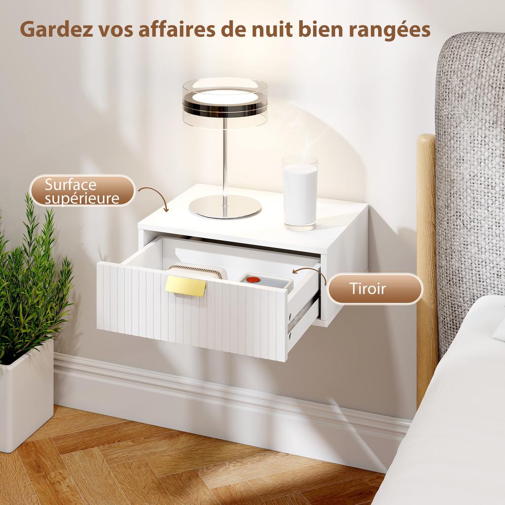 Set of 2 Wall-Mounted Nightstands, Wavy Drawer, 40x30x15 cm, White