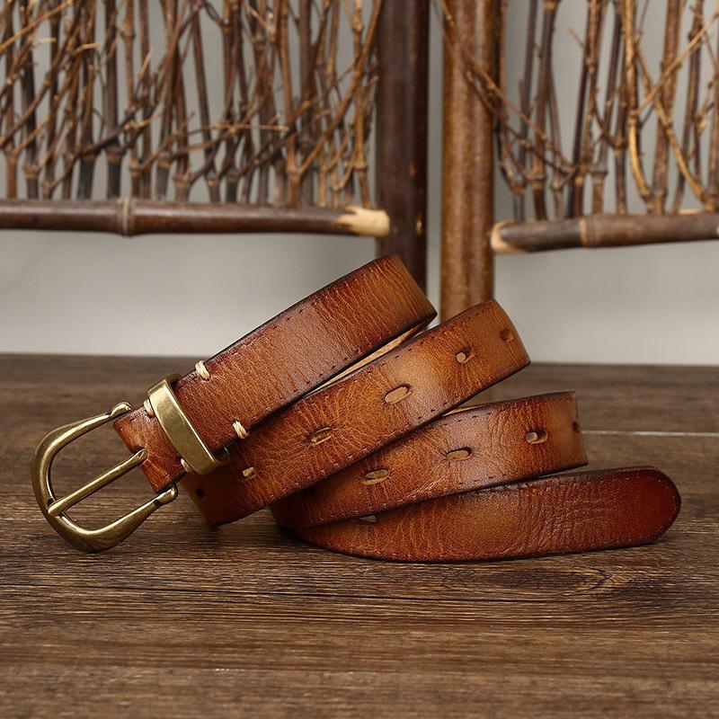 2024 Leather Belt Women'S Trend Versatile Personality Pleated Retro First Layer Cowhide Jeans Belt Women