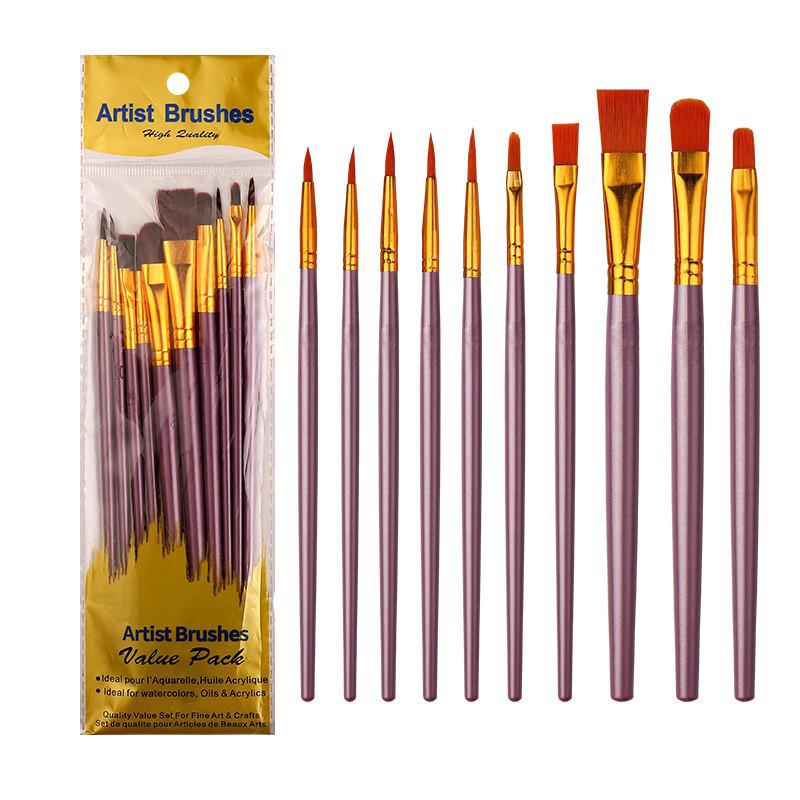10-Piece Children's Paint Brush Set: Blue Handle Nylon Brushes for Acrylic, Watercolor, and Oil Painting