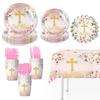 Baby Communion & Christening Tableware Set: White Floral & Cross Paper Plates, Tablecloth Decoration