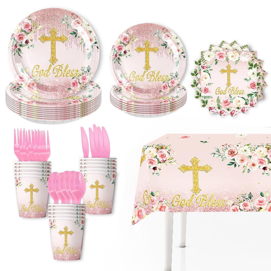 Baby Communion & Christening Tableware Set: White Floral & Cross Paper Plates, Tablecloth Decoration