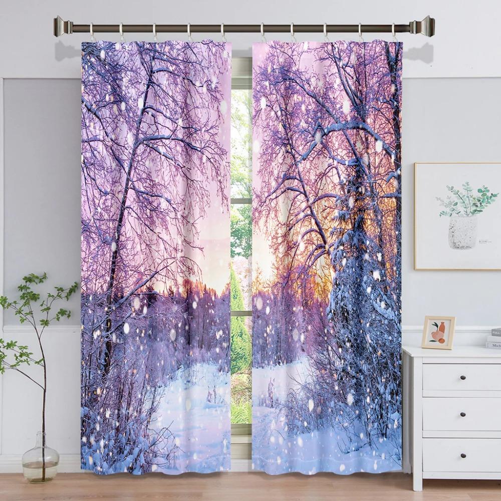 Natürlicher Wald Schneeszene Außentür Leichte Fensterscheiben Vorhänge designed für Kinder Wohnzimmer Schlafzimmer Badezimmer Küche Schrank Haken 2 Stück