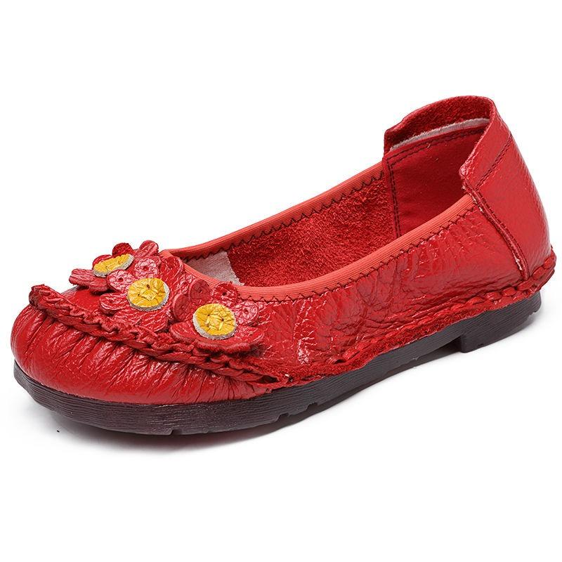 Fashion New Spring Summer Genuine Leather Shoes Women Flats Flowers Soft Flat Cow Leather Shoes Blue Black White Yellow Red D419