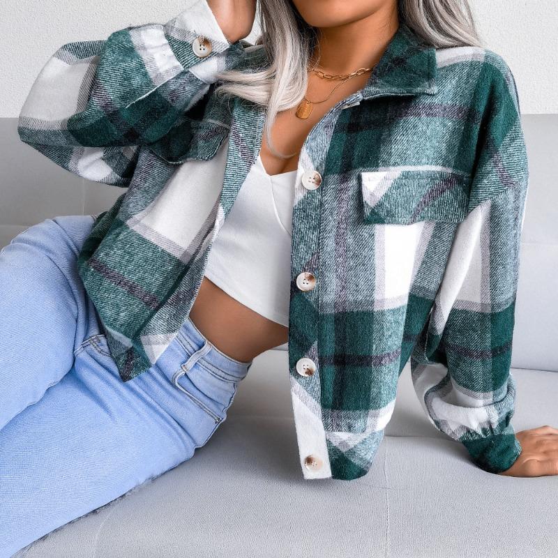 Short lapel fake pocket blue plaid lantern long-sleeved woolen jacket, spring and autumn fashion street women's trend jacket