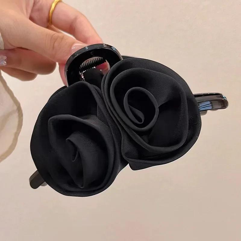 French Big Double Rose Flower Hair Claw Clips for Women Girls Vintage Satin Solid Fabric Handmade Shark Hairgrip Accessories New