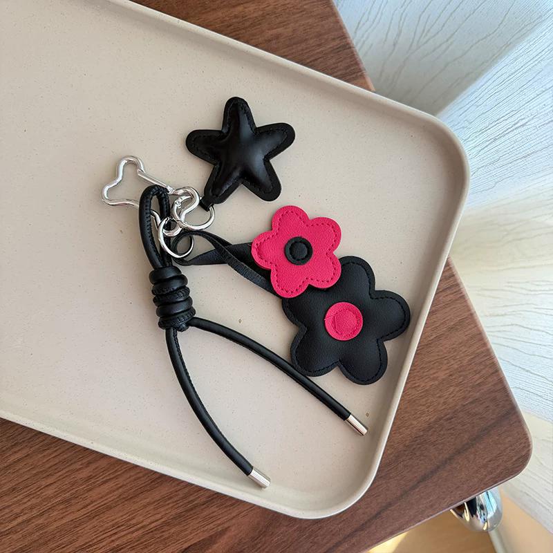 Yogodlns Flower Faux Leather Bag Charm, Braided Cord Cute Leather Star Accessory Bag Pendant for Women Girls