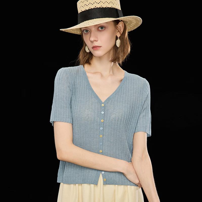 Mistway V-Ausschnitt Strick-T-Shirt aus Tencel-Leinen-Mischung