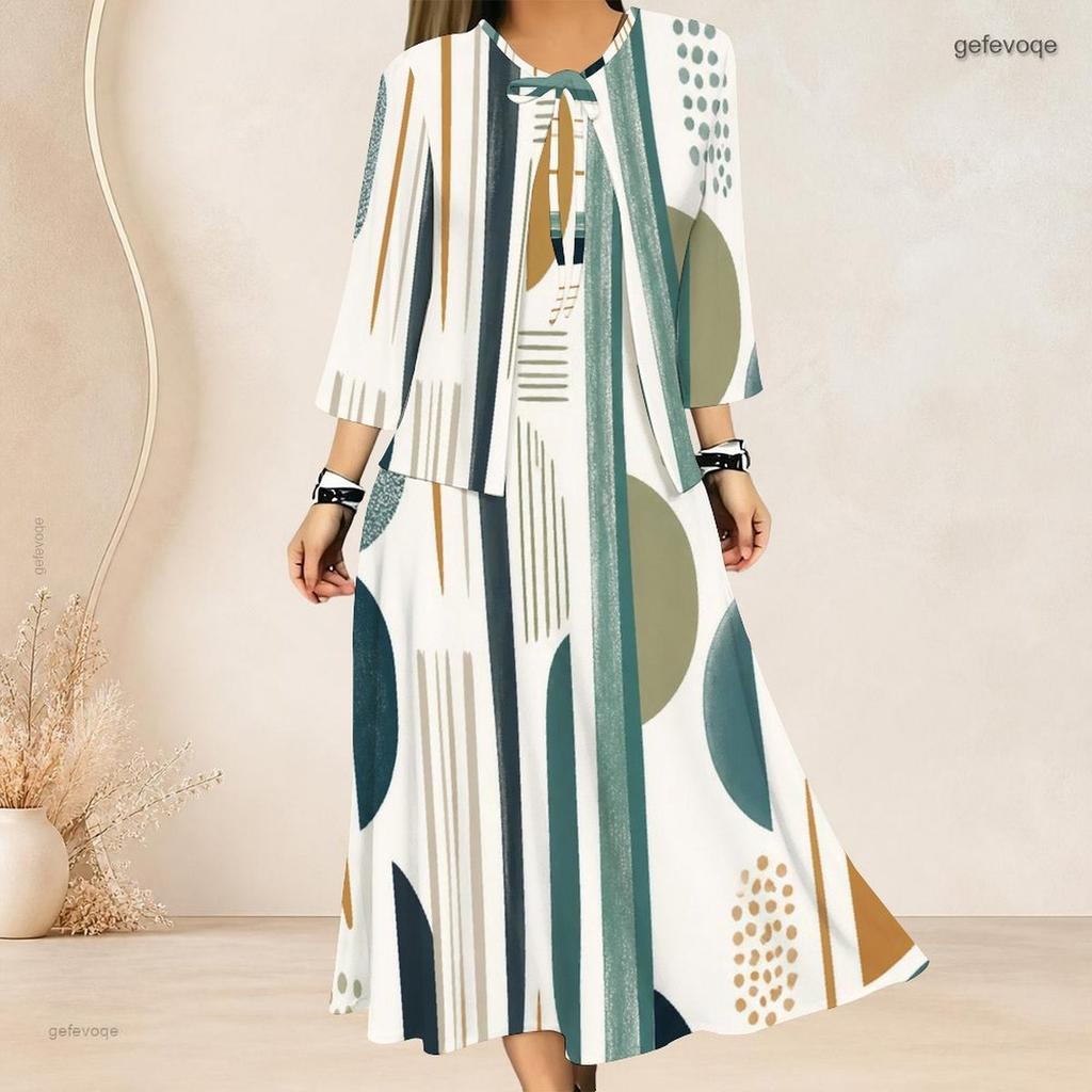 Women Plus Size Abstract Printed Two Piece Dress Set Three Quarter Sleeve Cardigan Sleeveless Long Dress