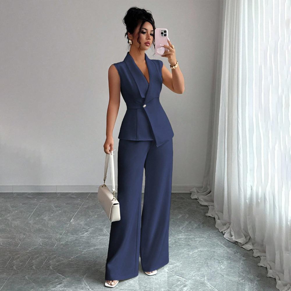Women's Relaxed Fit Two Piece Pantsuit Sleeveless Blazer Top High Waist Wide Leg Trousers Solid Color Elegant Commuter Matching Outfit