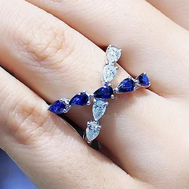 Huitan Temperament Cross Rings with Blue/White Waterdrop Cubic Zirconia Luxury Trendy Women Accessories Daily Wear Party Jewelry