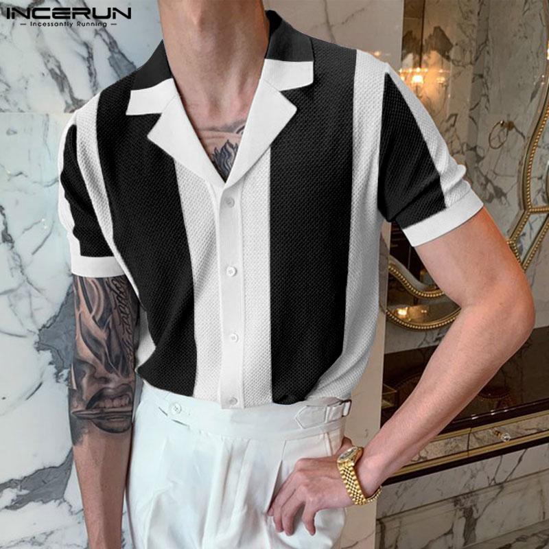 

INCERUN Летние мужские полосатые топы с короткими рукавами Повседневная свободная блузка больших размеров