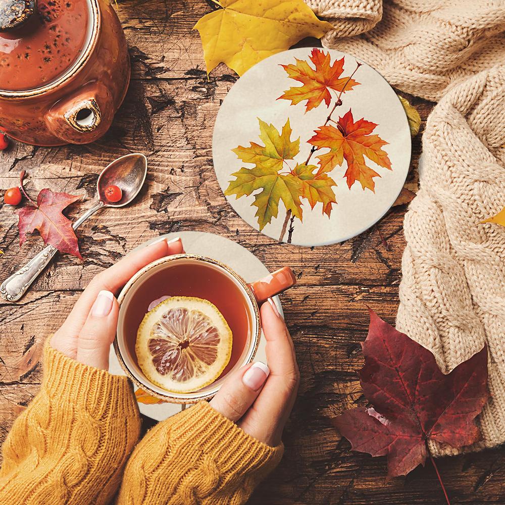 4Pcs Fall Thanksgiving Coasters Vintage Autumn Leaves Ceramic Coasters Absorbent Harvest Cup Mat Thanksgiving Party Table Decor