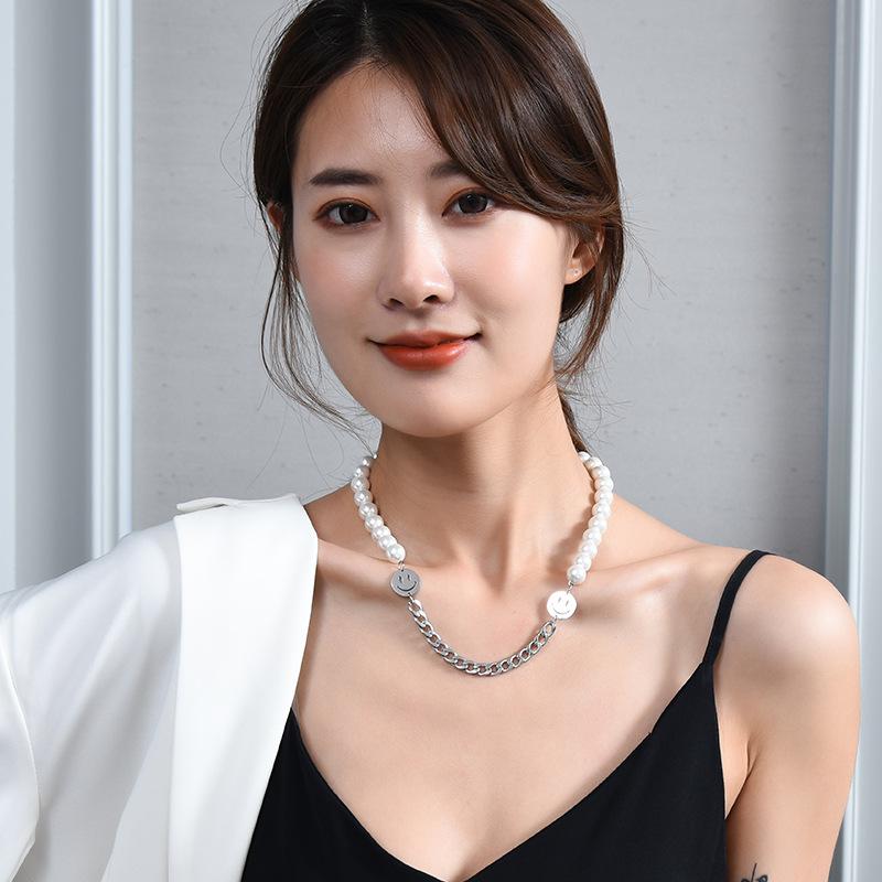 Titanium Double Steel Smiley Face Pearl Necklace Unisex Trendy Jewelry For Fall Winter Wear